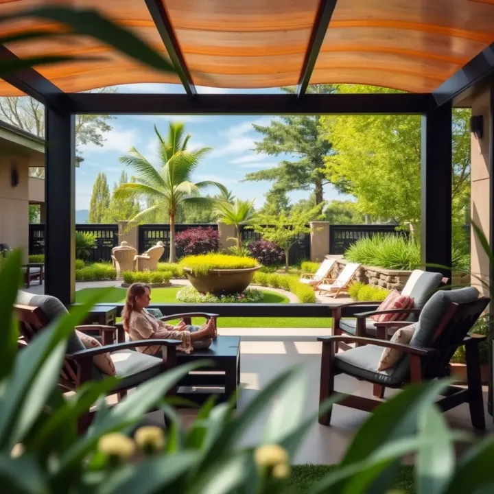 Outdoor relaxation area surrounded by lush greenery and comfortable lounge chairs