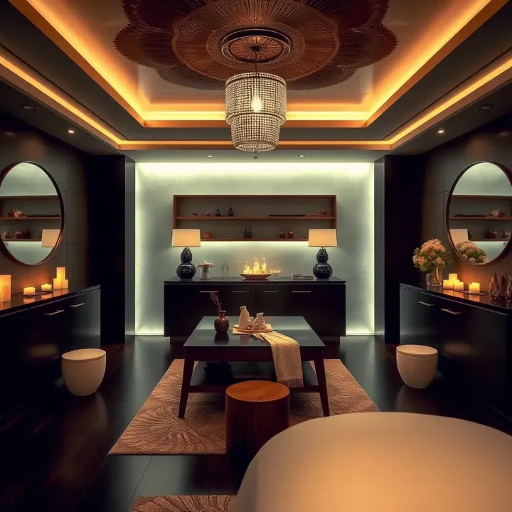 Serene spa treatment room with calming natural decor and soft lighting