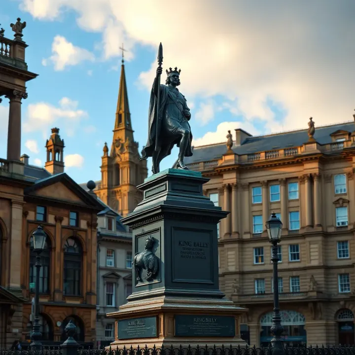 The King Billy statue standing prominently in Glasgow city center surrounded by historic architecture