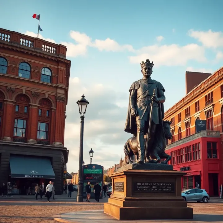 King Billy Statue in Hull’s Public Square Bronze statue of King Billy standing prominently in a public square in Hull under a clear sky
