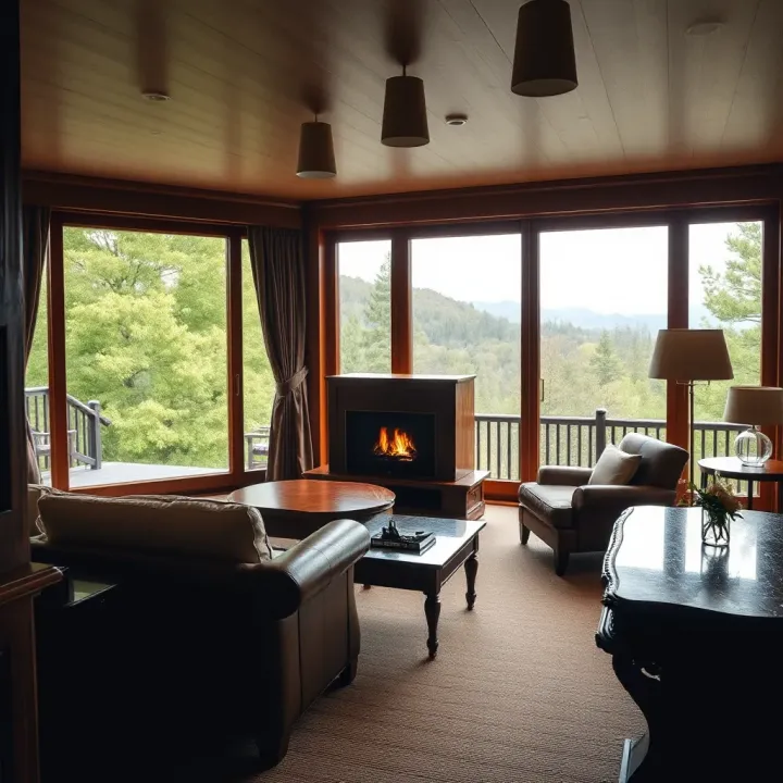 Cozy interior of King Billy Suite with rustic wooden furniture and large windows revealing lush greenery outside