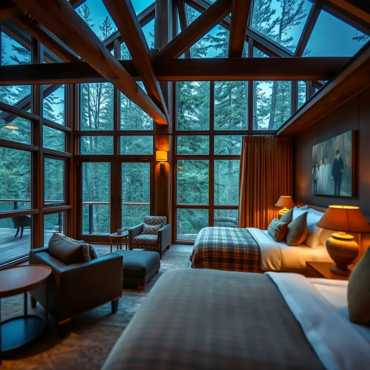 Luxurious King Billy Suite interior with rustic wooden beams, cozy furnishings, and large windows overlooking dense forest