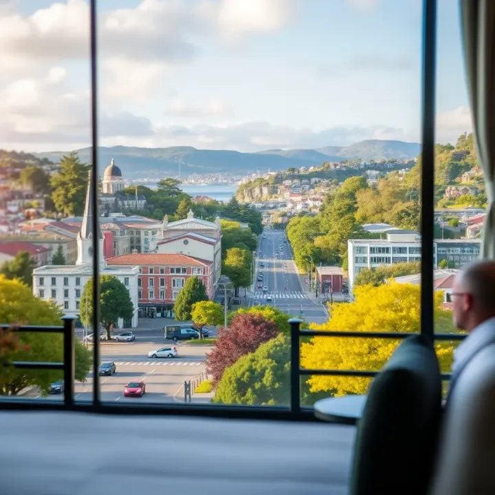 Scenic view of Hobart's vibrant city center with lush greenery surrounding King Billy Suite