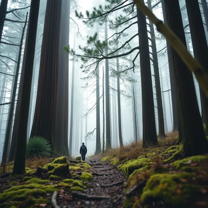 Dense forest along the King Billy Track with towering ancient King Billy pine trees and moss-covered ground