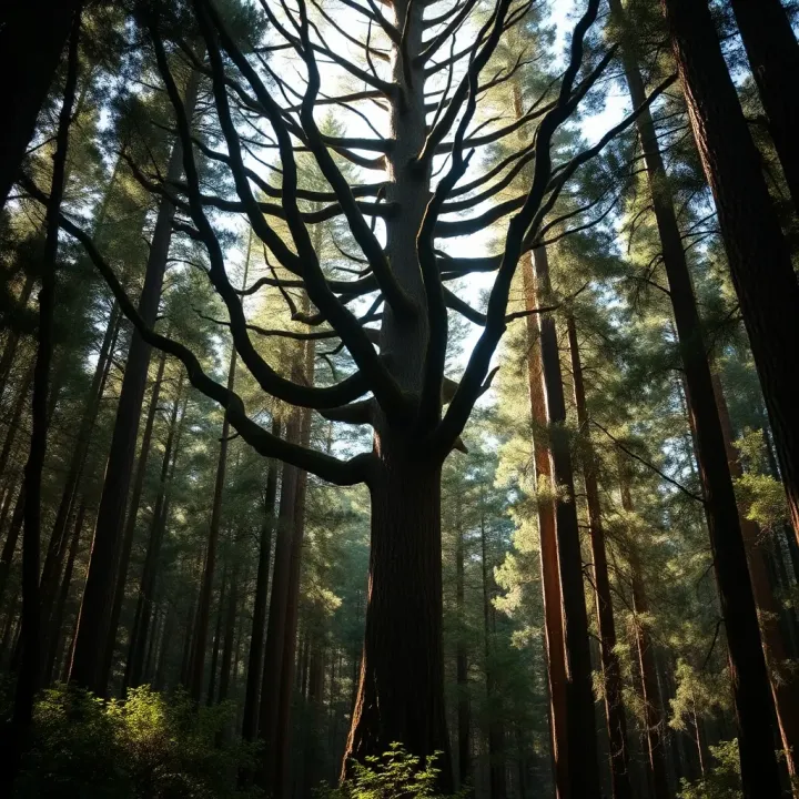 King Billy Tree in Its Natural Tasmanian Forest Habitat Tall King Billy tree standing in a dense Tasmanian forest with sunlight filtering through the canopy