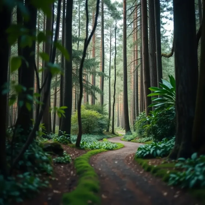 Tranquil pathway winding through towering ancient trees in a lush Tasmanian forest