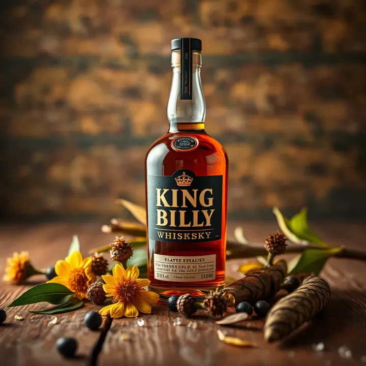 King Billy Whisky Featured with Australian Native Botanicals Display of King Billy whisky alongside Australian native botanicals on wooden surface