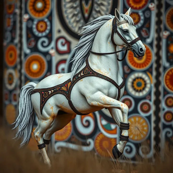Indigenous Australian Artwork Featuring King Billy White Horse Traditional Indigenous Australian artwork depicting a white horse intertwined with cultural symbols