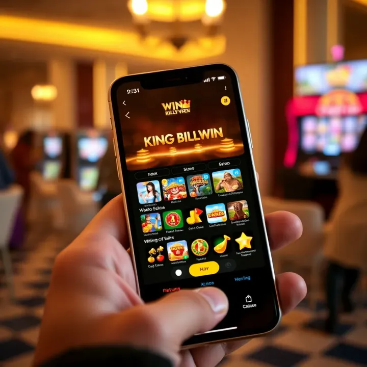Mobile device displaying the King Billy Win app user interface with casino game icons and betting options