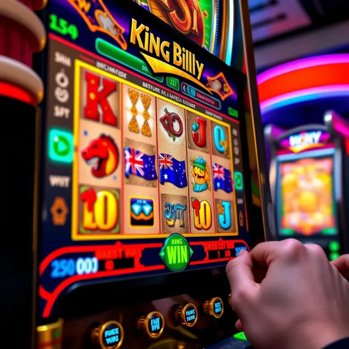 Slot machine screen showing King Billy Win game with Australian and Indigenous art style symbols