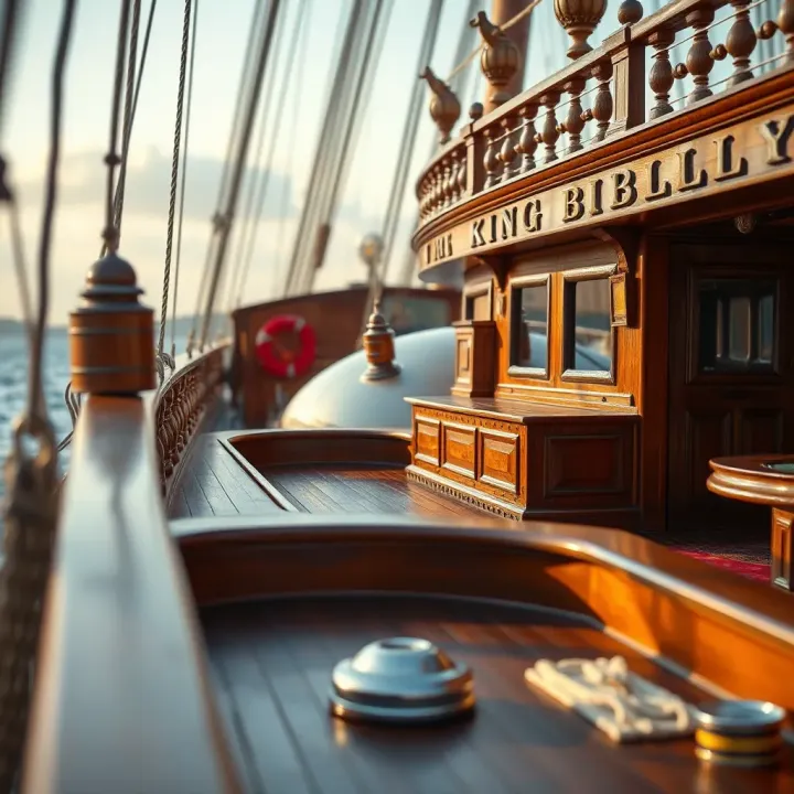 Detailed View of King Billy Yacht’s Wooden Deck and Design Close-up view of King Billy yacht’s deck highlighting its wooden craftsmanship and vintage design elements