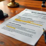 Detailed terms and conditions document with highlighted sections on a wooden desk