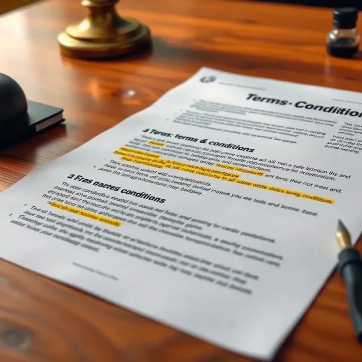 Detailed terms and conditions document with highlighted sections on a wooden desk