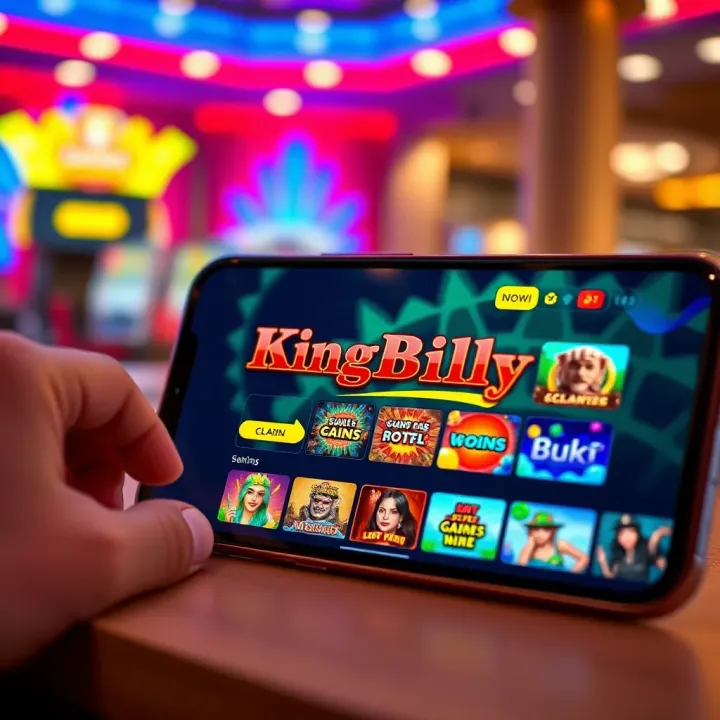 KingBilly Casino App Interface Overview Interface showcasing KingBilly Casino app on a mobile device with vibrant game icons and navigation menu