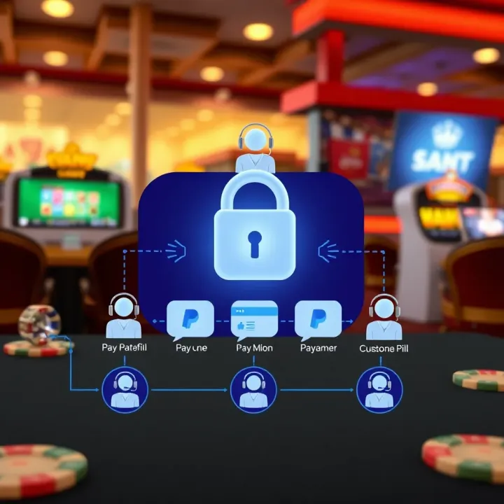 Illustration of secure digital payment methods and customer support icons for online casino users