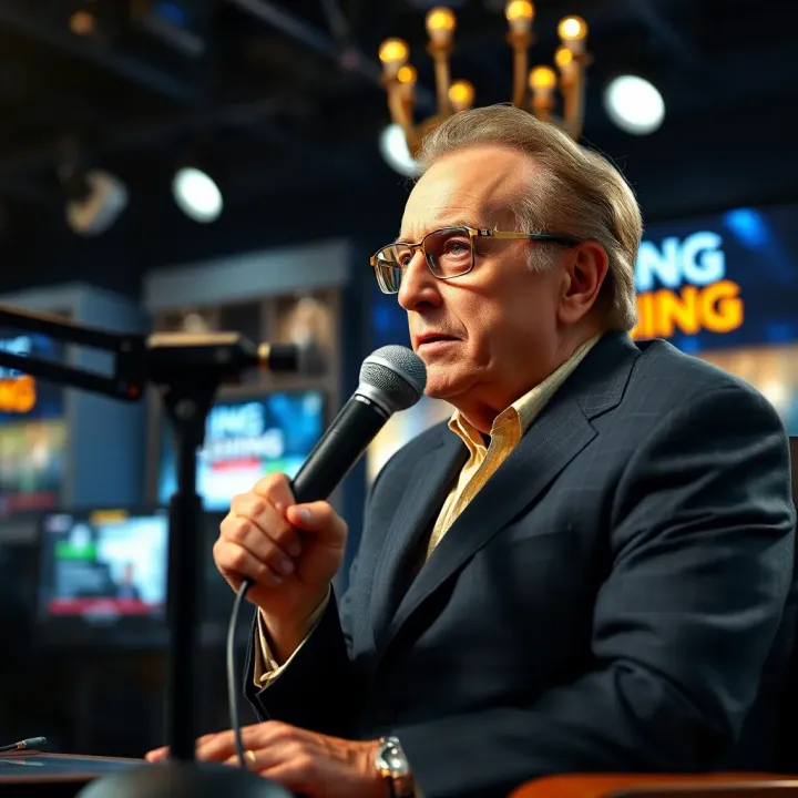 Larry King speaking into a microphone during a television interview set with a studio background