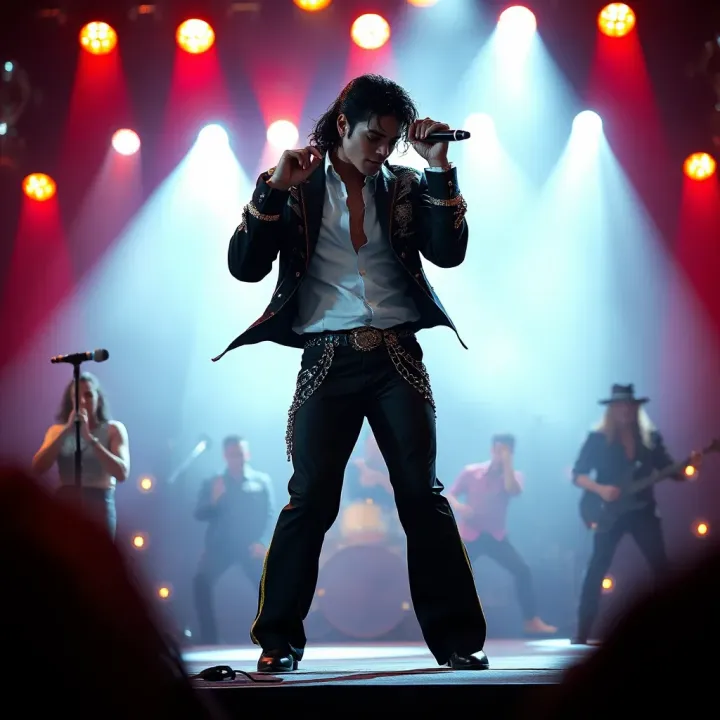Michael Jackson Performing 'Billy Jean' Live Michael Jackson performing on stage with dynamic lighting and energetic dance moves