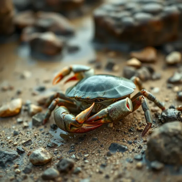 Mud crab with dark greenish shell resting on sandy coastal rocks by tidal waters