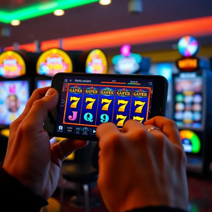 Hand holding smartphone displaying popular Australian online pokie game with jackpot icons