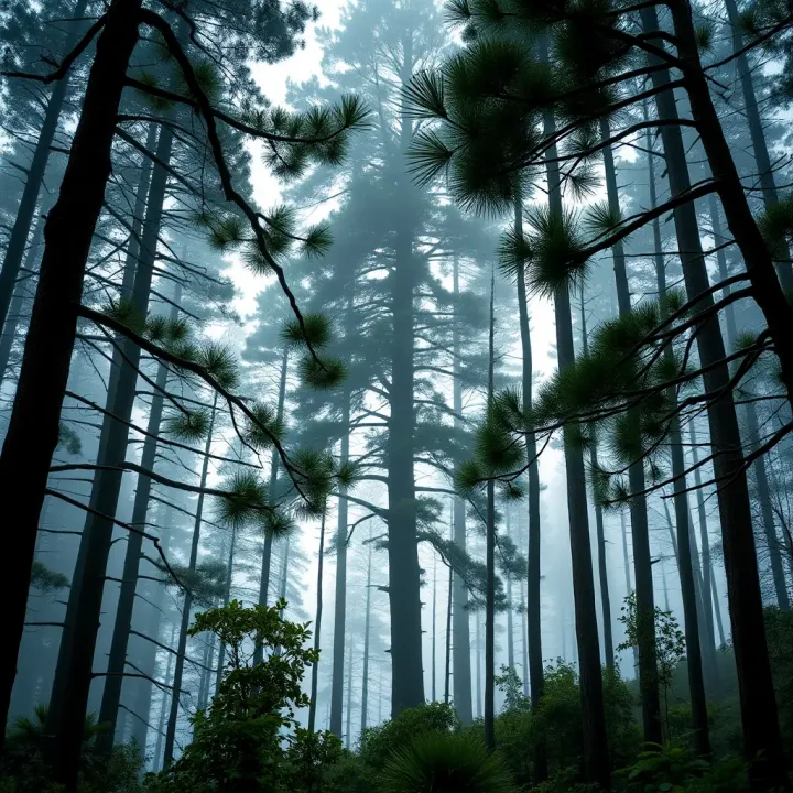 King Billy Pine Towering in Tasmanian Forest Tall King Billy Pine tree with dense green foliage standing in a misty Tasmanian forest