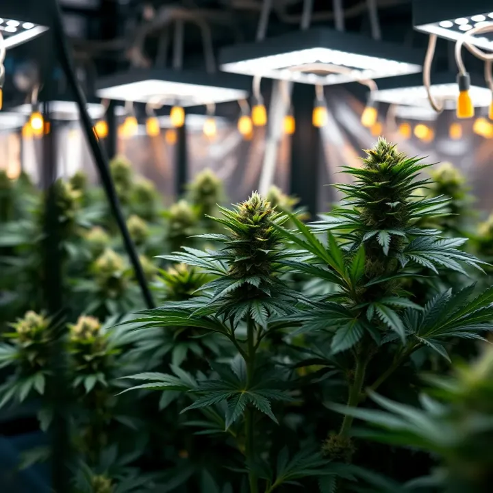 Indoor cannabis cultivation setup showcasing healthy King Billy plants under grow lights