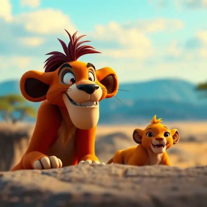 Timon character from The Lion King animated movie alongside Simba in vibrant savanna setting