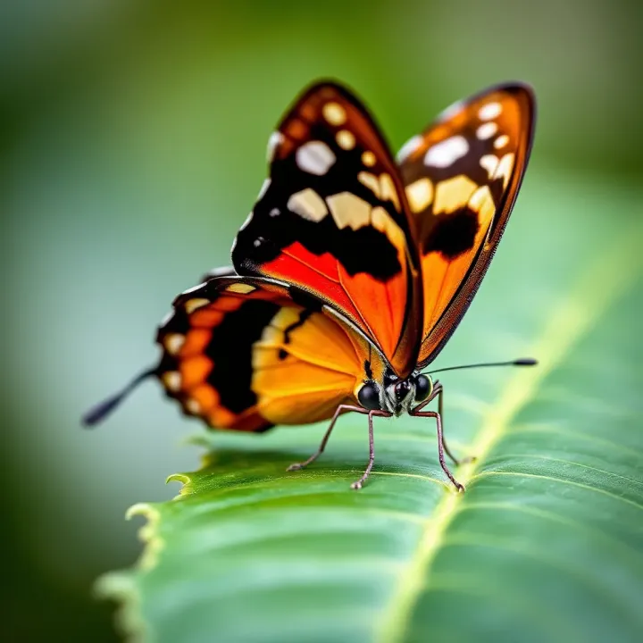 Close-up of King Billy butterfly perched on a green leaf showcasing its vibrant wing patterns