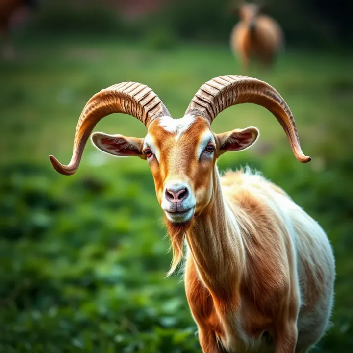 King Billy goat with distinctive curved horns standing in a green pasture
