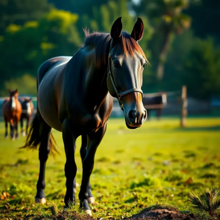 King Billy horse standing in a lush green paddock showcasing its sturdy build and dark coat