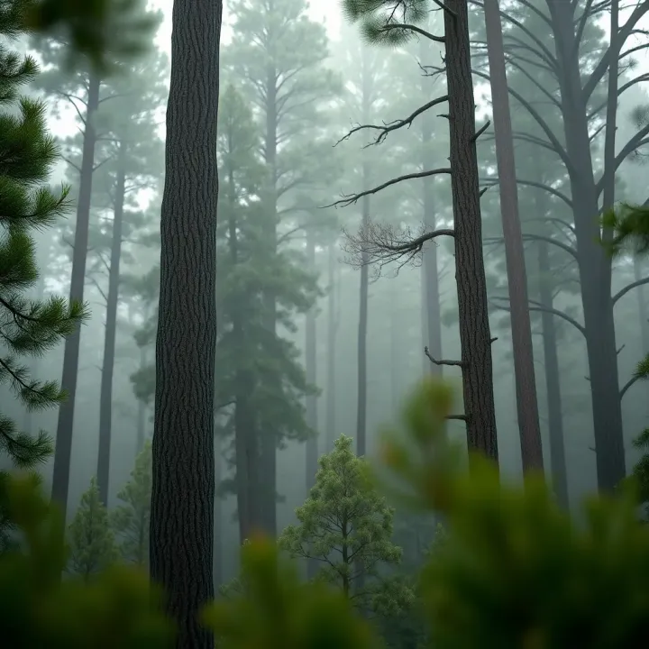 Tall King Billy pine tree with dense green foliage in a misty Tasmanian forest