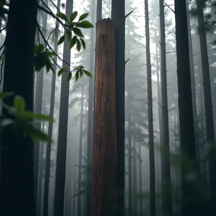 King Billy Pine Tree in Tasmanian Forest Environment King Billy pine tree standing tall in a misty Tasmanian forest highlighting its bark texture and conical shape