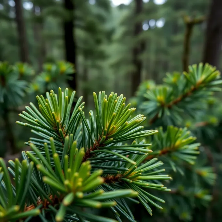 Close-up of King Billy pine needles showing their dense green foliage on a Tasmanian forest background