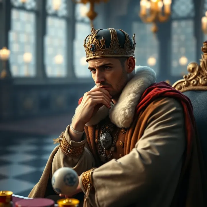 Illustration of Sad King Billy sitting thoughtfully with a crown tilted slightly, symbolizing sorrow and reflection