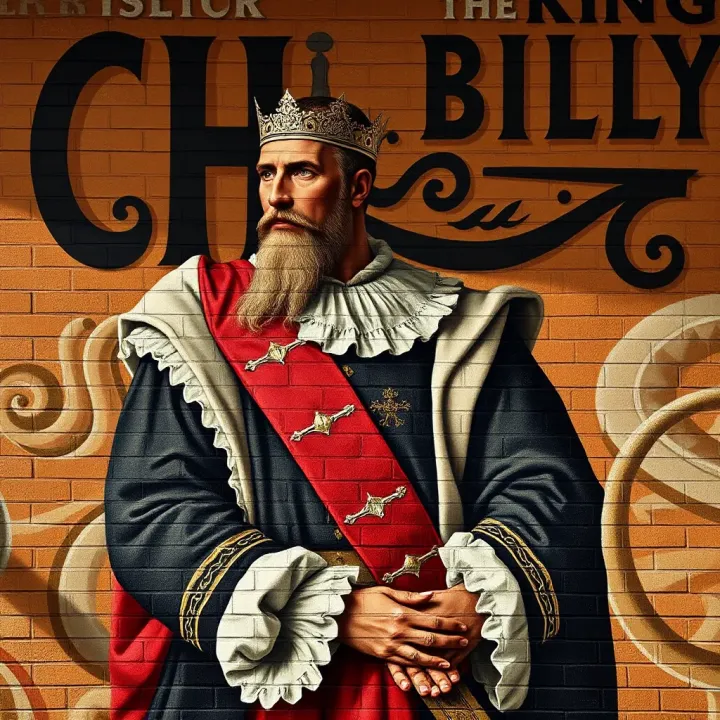 Historic Mural of King Billy on a Wall Historic mural depicting King Billy with distinct colonial-era attire on a brick wall
