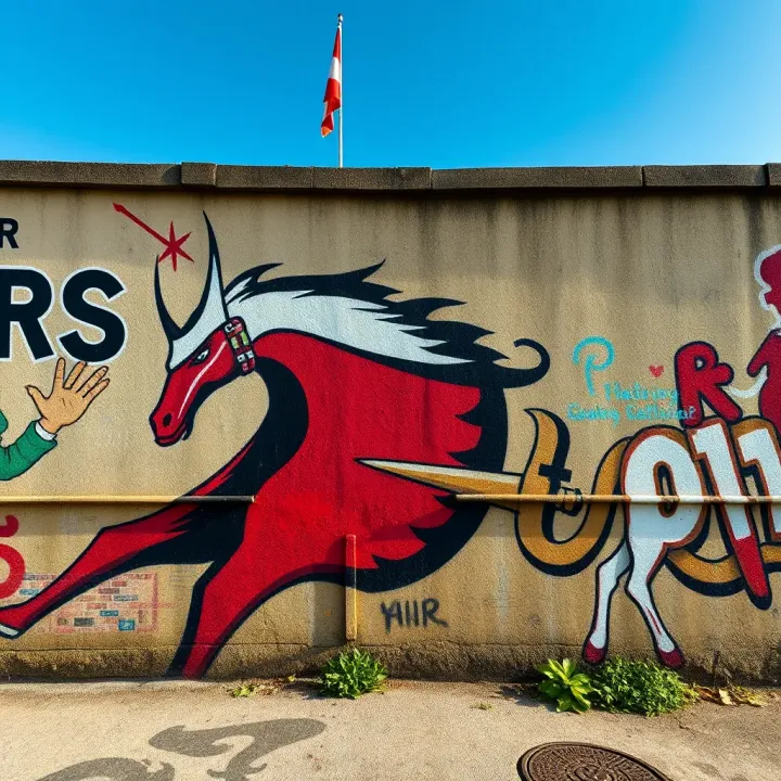 Close-up view of the iconic King Billy artwork painted on an aged urban wall