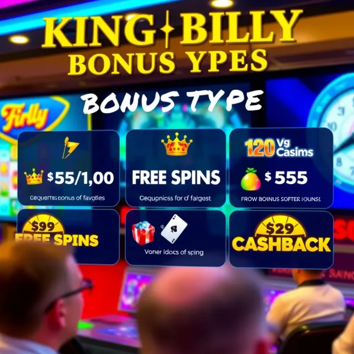 Illustration of bonus types including free spins and cashback offers at King Billy Casino