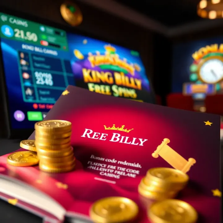 How to Redeem King Billy Free Spins Code Effectively Guidebook with casino tokens and a digital screen illustrating bonus code redemption