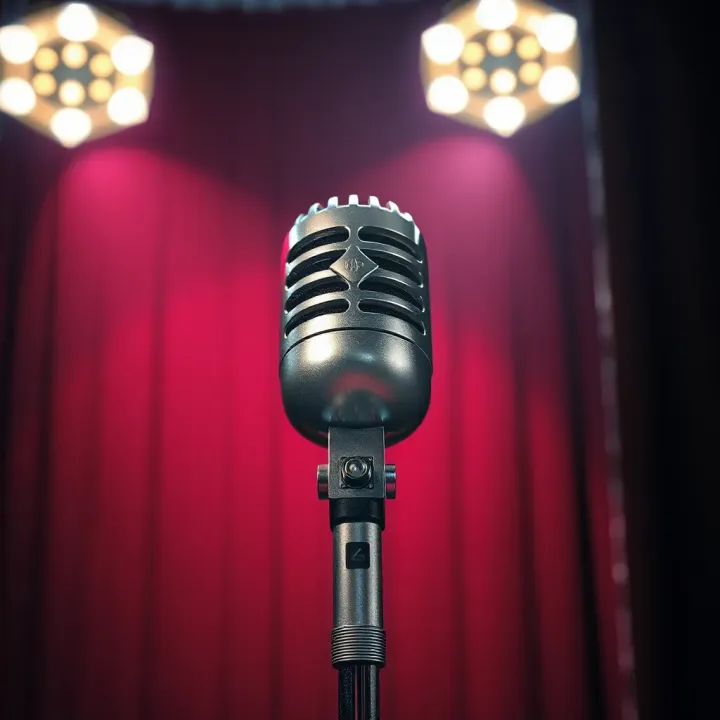 Vintage microphone on stage symbolizing recorded stand-up performances