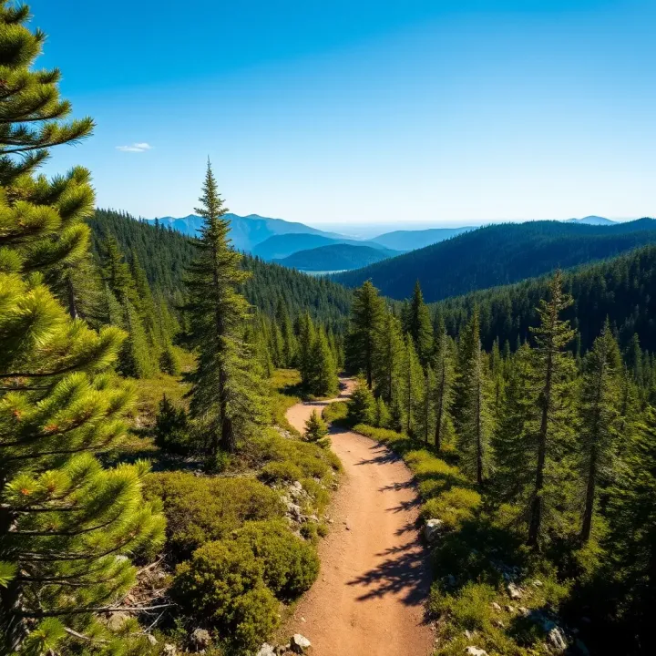 Scenic alpine trail winding through lush green forests under a clear blue sky